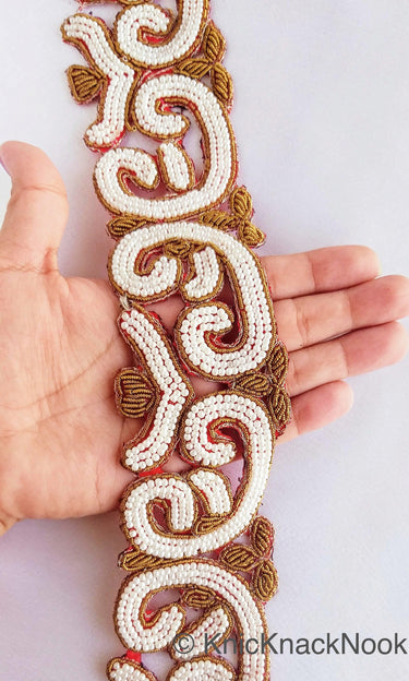 Gold Zardozi Hand Embroidered Cutwork Lace Trim Beaded with Ivory Seed Beads, Wedding Trim, Indian Trim